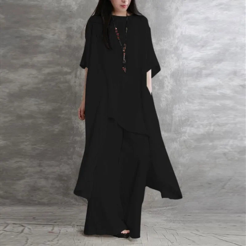 Conjunto Blusa e Calça Pantalona Linho Algodão Cintura Alta Lenogue Preto / p