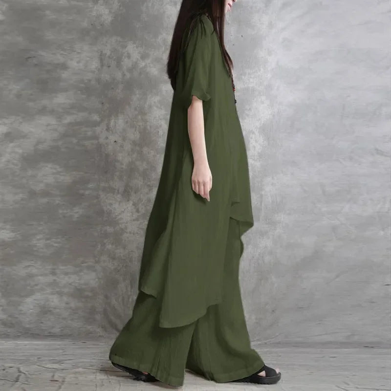 Conjunto Blusa e Calça Pantalona Linho Algodão Cintura Alta Lenogue