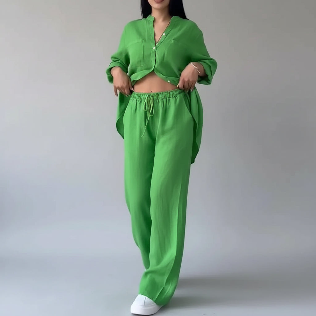 Conjunto Camisa e Calça Pantalona Linho Algodão Ajustável Lenogue Verde / p