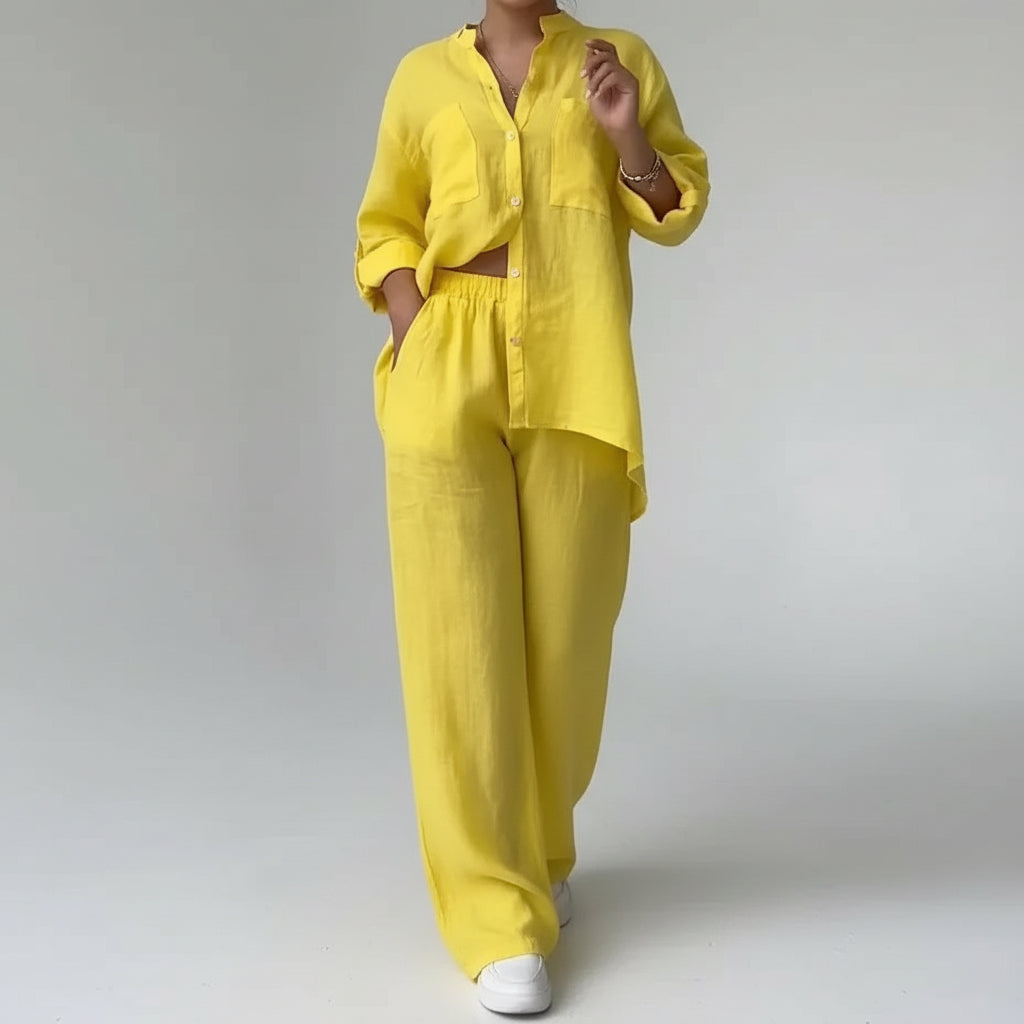 Conjunto Camisa e Calça Pantalona Linho Algodão Ajustável Lenogue Amarelo / p
