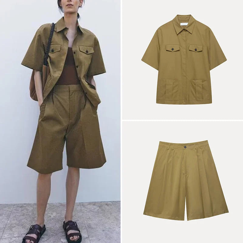Conjunto Casual com Camisa de Bolsos e Shorts para Verão Lenogue