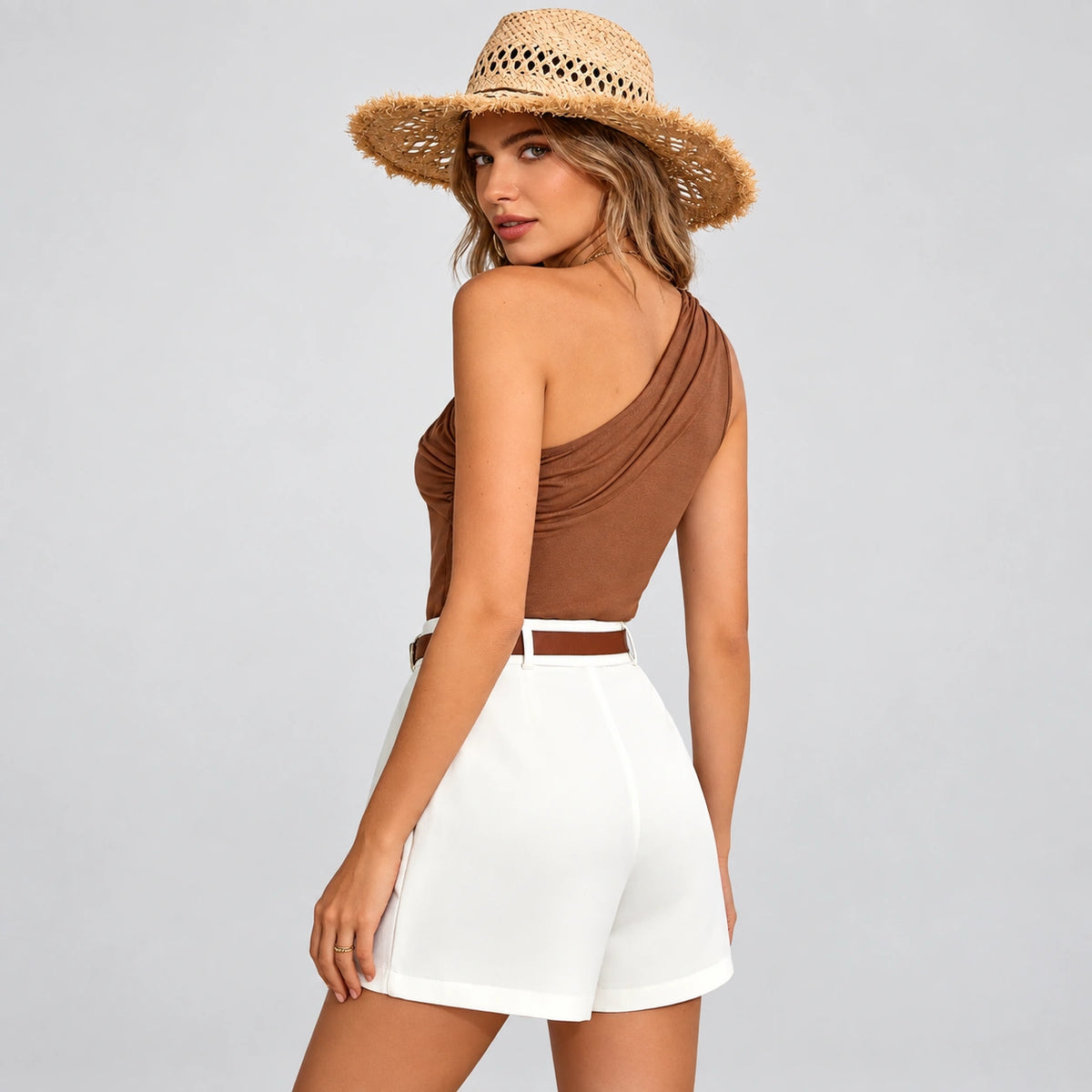 Conjunto Cintura Alta e Pernas Largas Marrom e Branco Élégant Lenogue