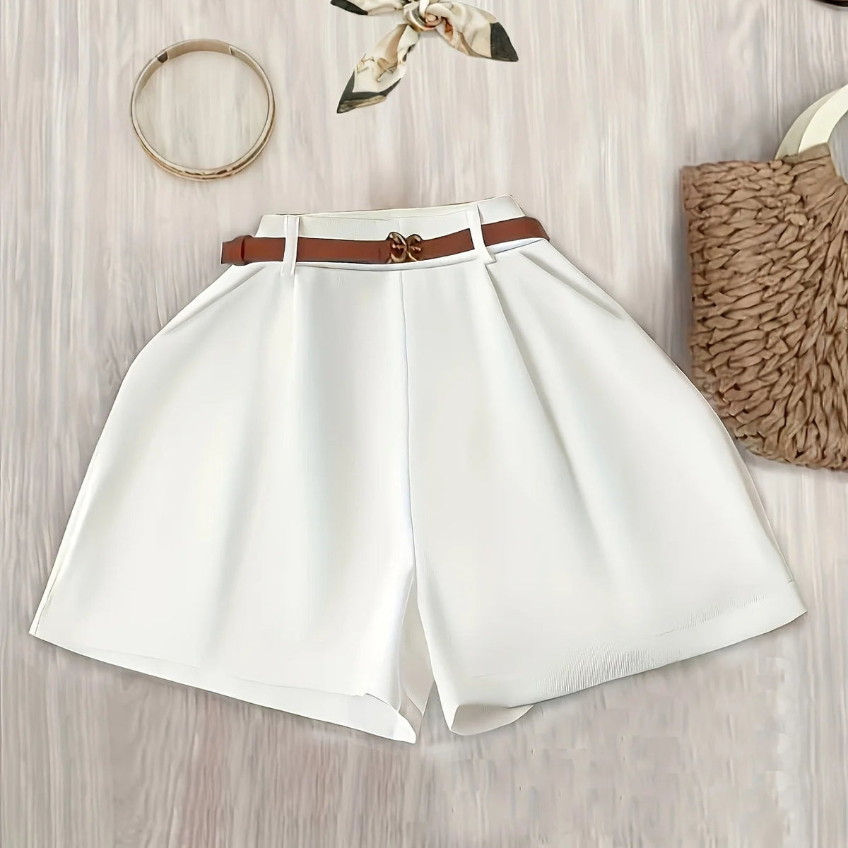 Conjunto Cintura Alta e Pernas Largas Marrom e Branco Élégant Lenogue