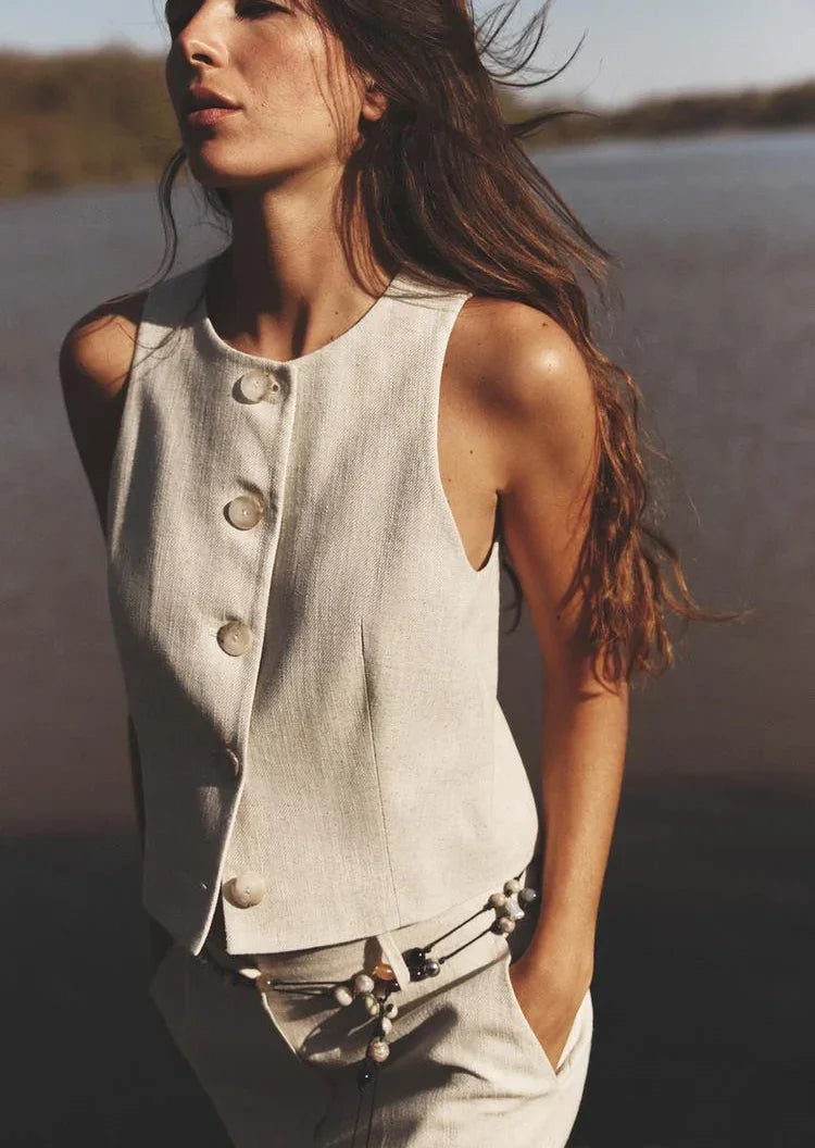 Conjunto Colete e Calça Reta de Alfaiataria Cintura Alta Lenogue