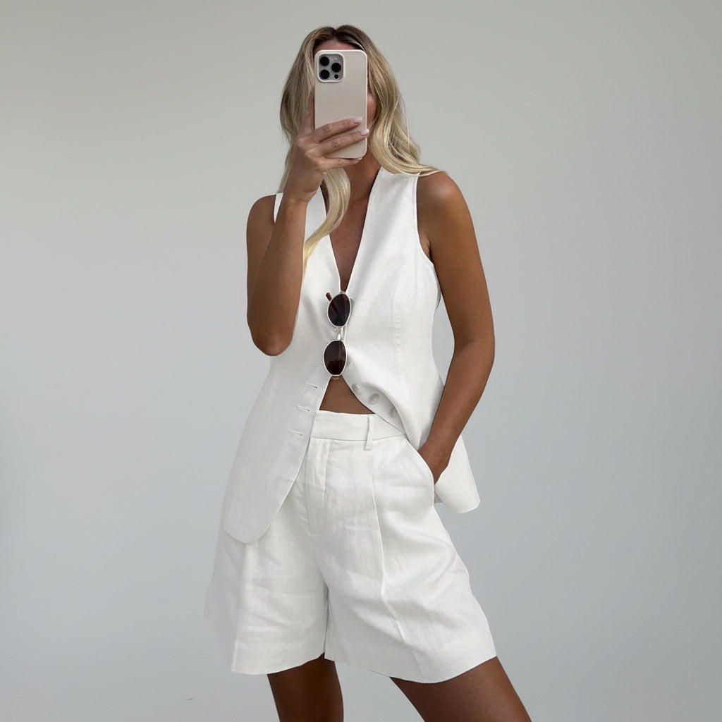 Conjunto Colete e Shorts em Alfaiataria Leve de Algodão Lenogue Branco / p
