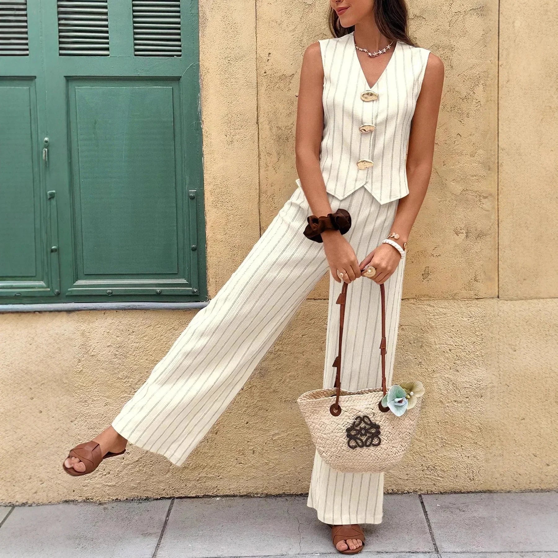 Conjunto de Colete e Pantalona Listrada Decote v élégant Lenogue