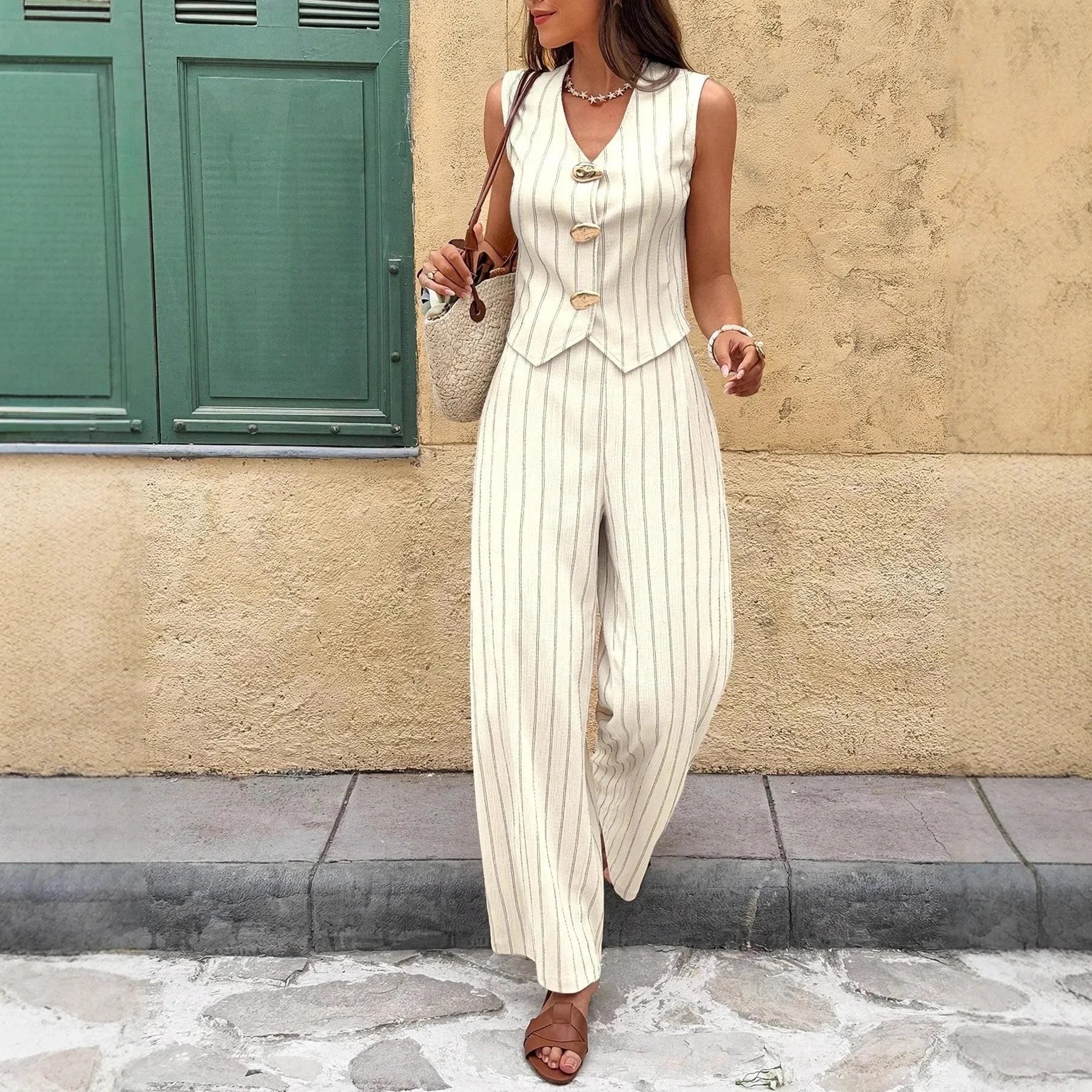 Conjunto de Colete e Pantalona Listrada Decote v élégant Lenogue