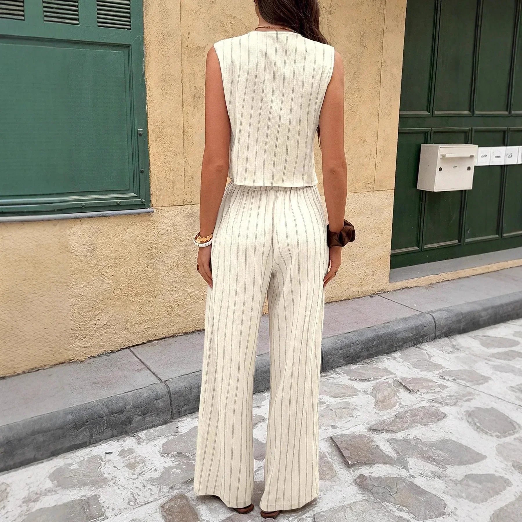 Conjunto de Colete e Pantalona Listrada Decote v élégant Lenogue
