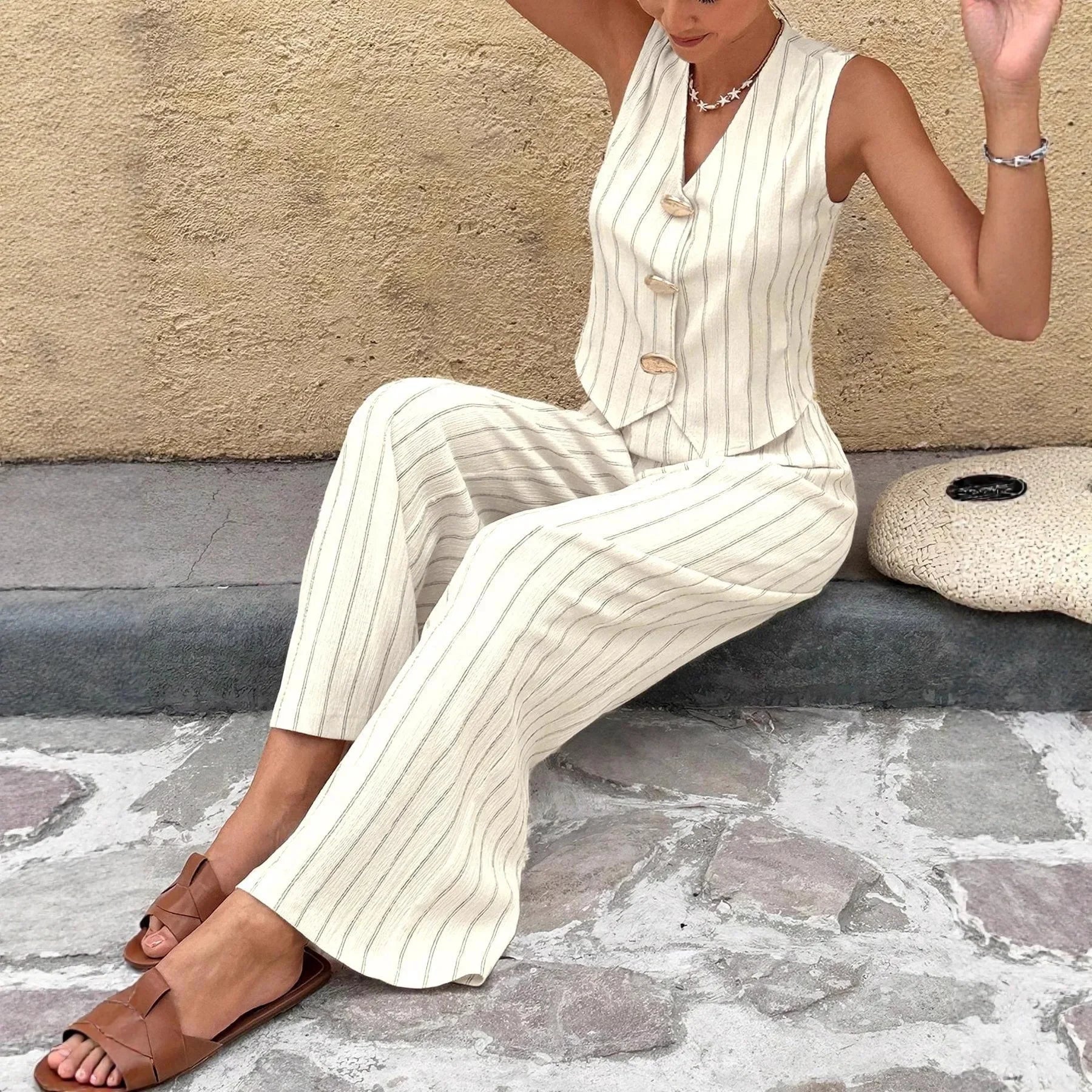 Conjunto de Colete e Pantalona Listrada Decote v élégant Lenogue