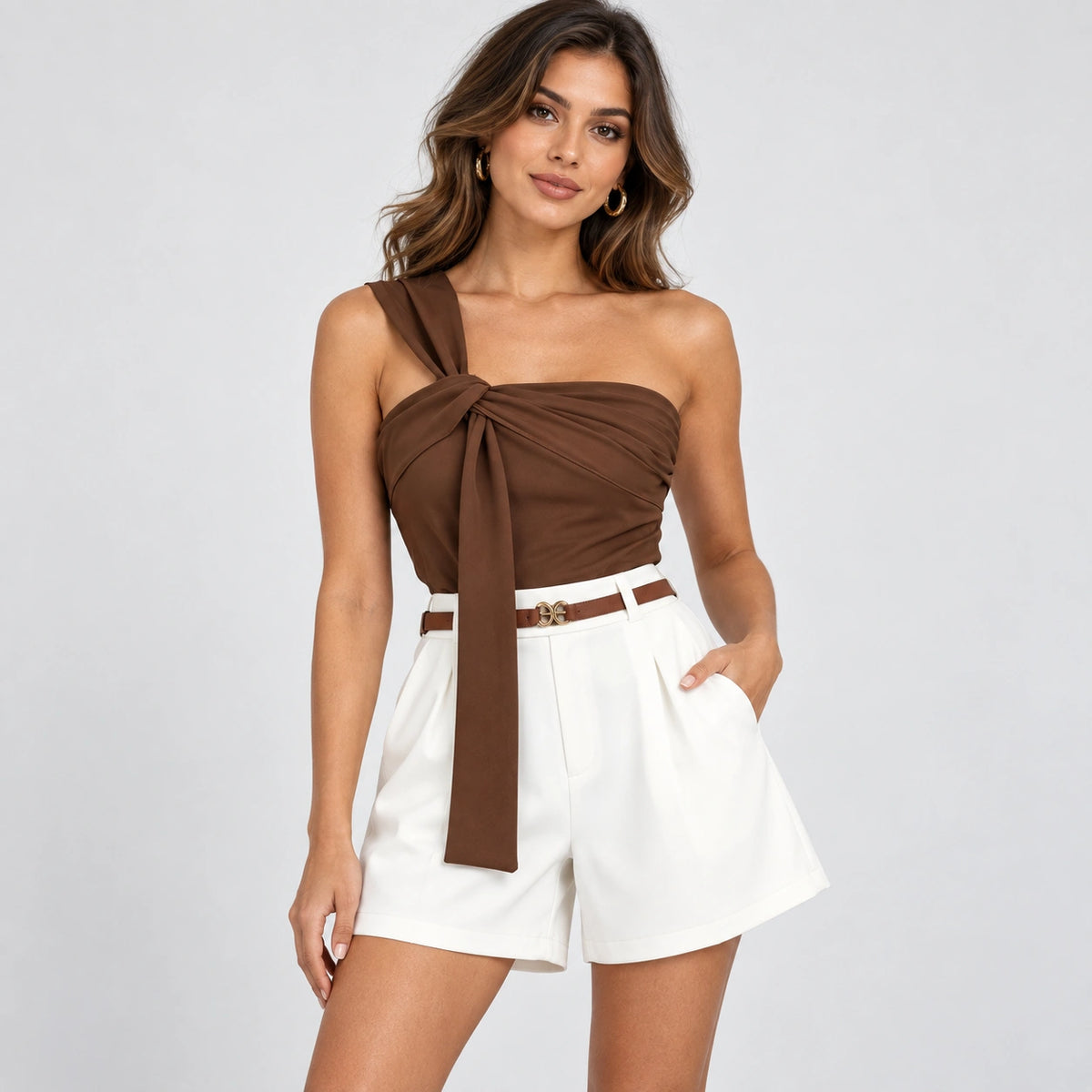 Conjunto de Tricô com Top Frente Única Marrom Chic Lenogue