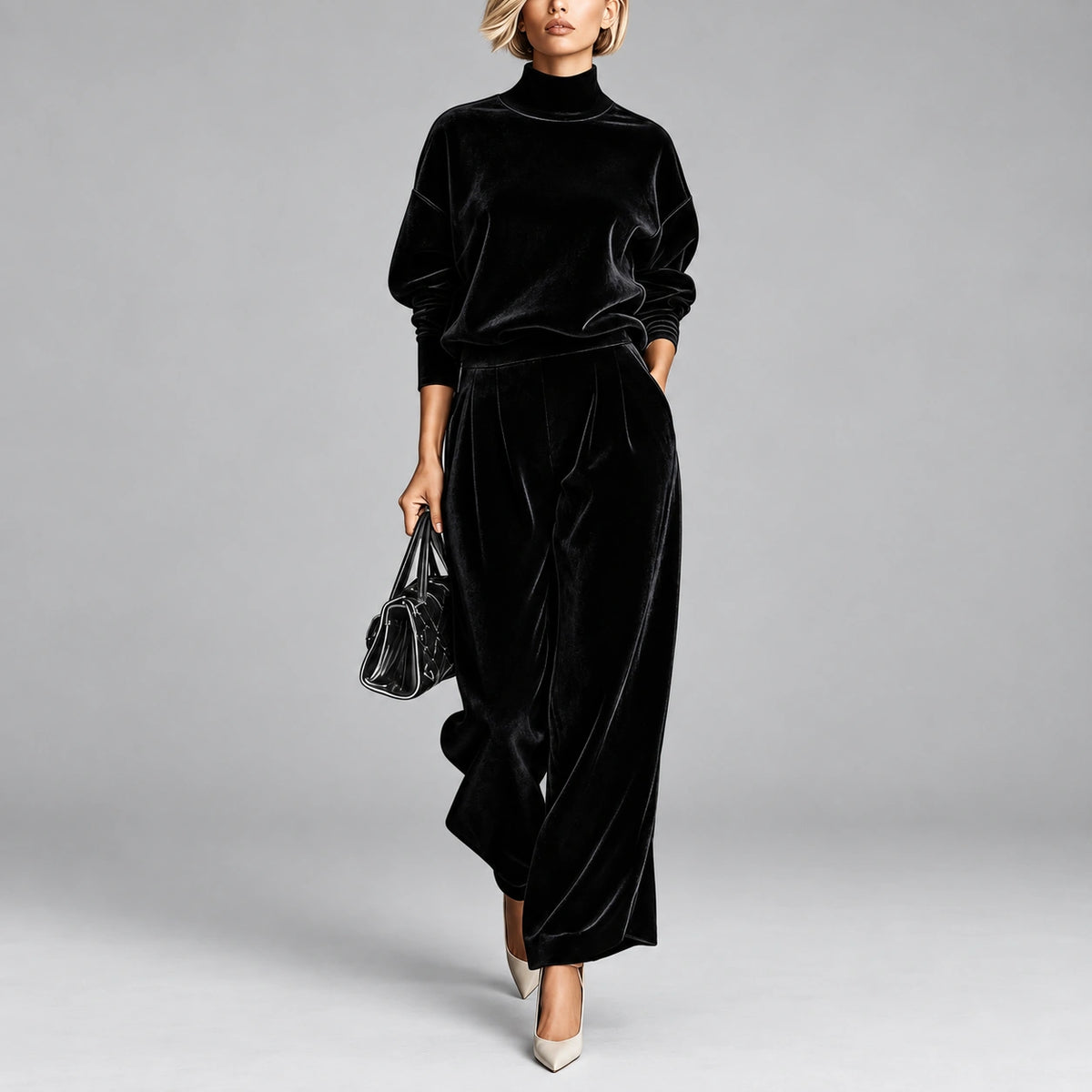 Conjunto de Veludo com Gola Alta e Manga Longa Couture Lenogue