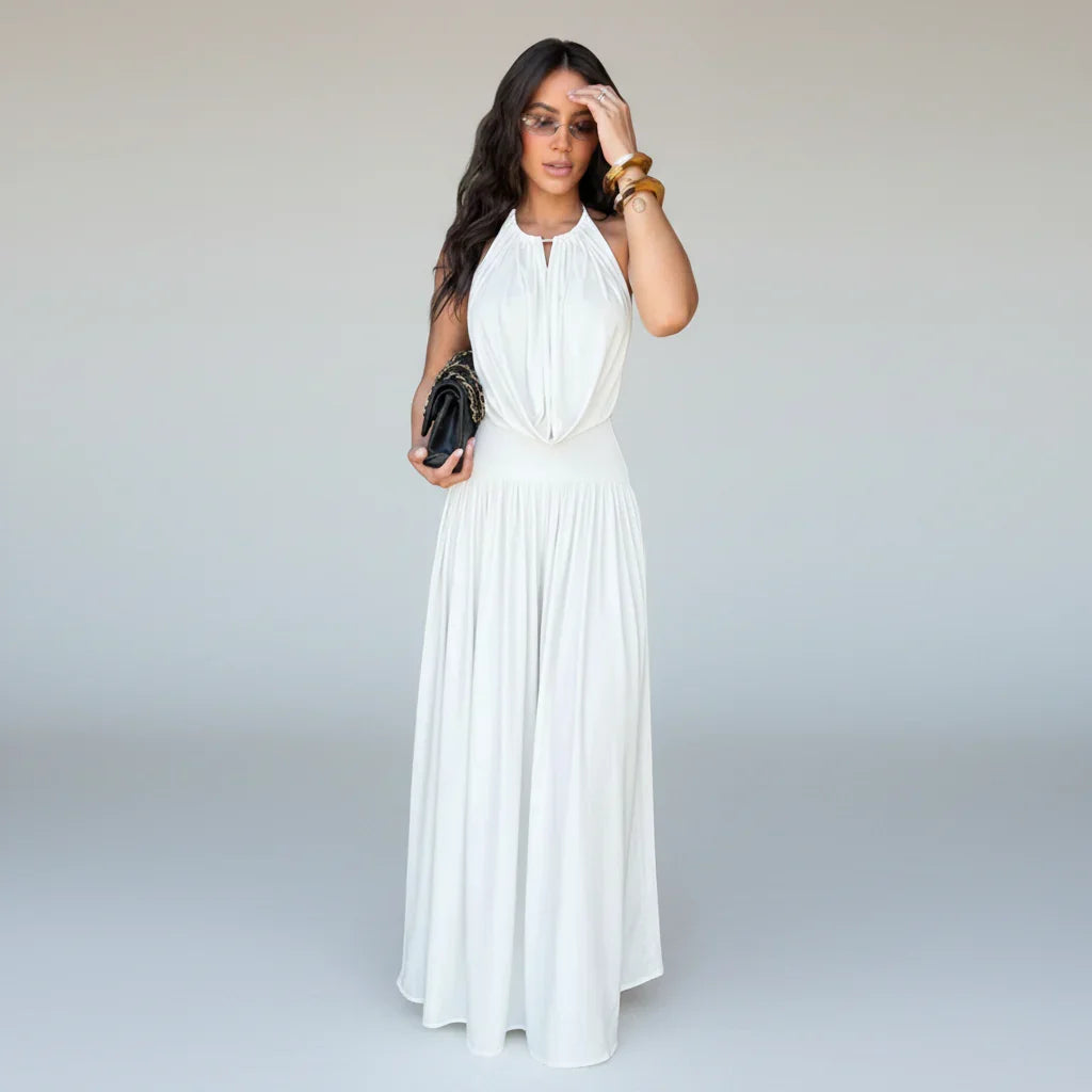 Conjunto Halter Backless Franzido Pantalona Festa Elegante Lenogue Branco / p