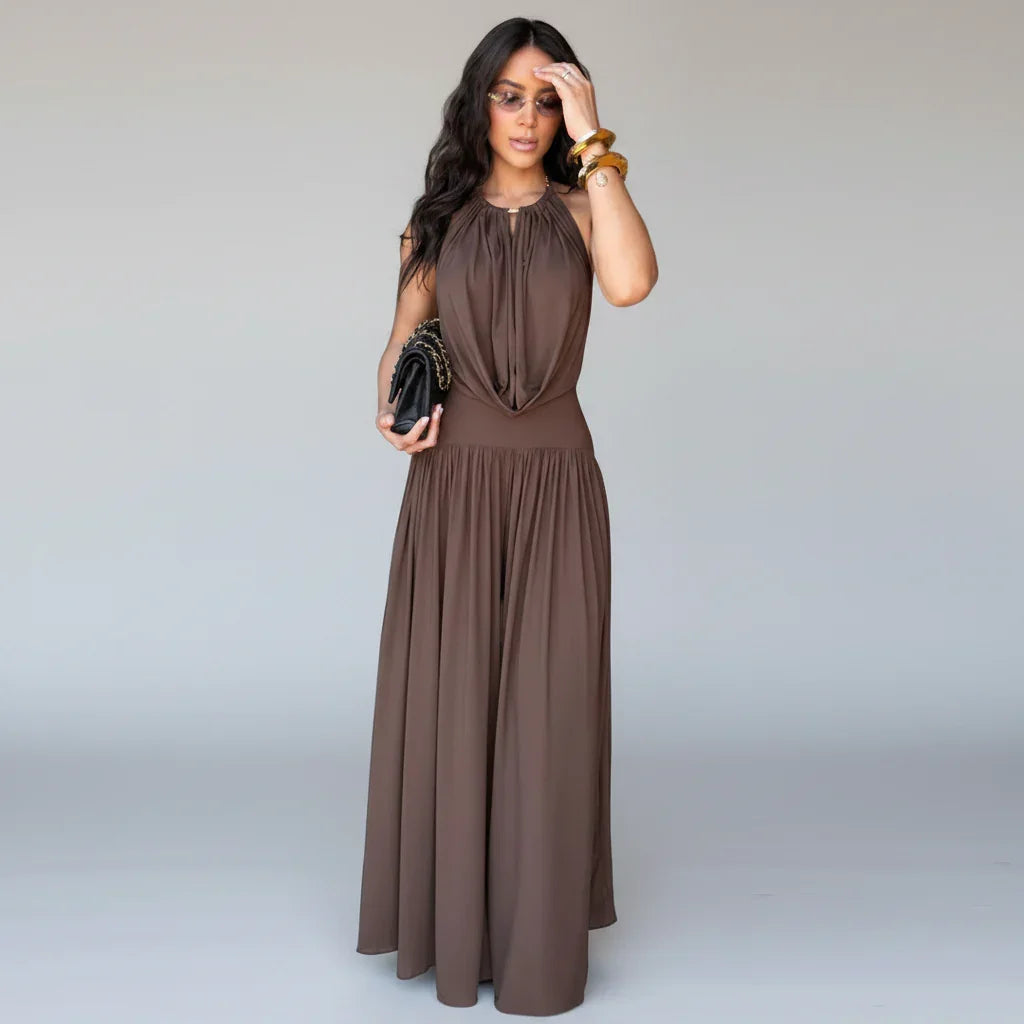 Conjunto Halter Backless Franzido Pantalona Festa Elegante Lenogue Marrom / p