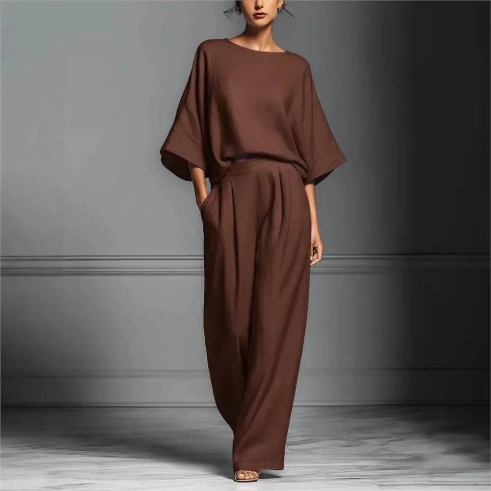 Conjunto Linho Pantalona Wide Leg Manga Flare élégant Lenogue
