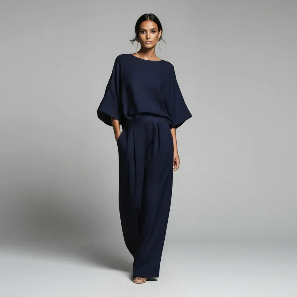 Conjunto Linho Pantalona Wide Leg Manga Flare élégant Lenogue Azul / p