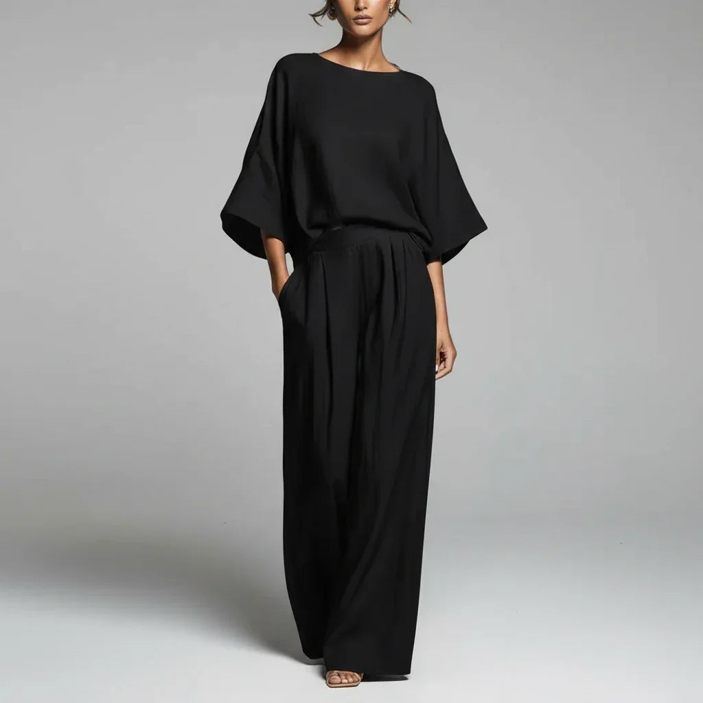 Conjunto Linho Pantalona Wide Leg Manga Flare élégant Lenogue Preto / p