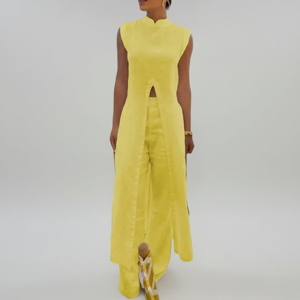 Conjunto Longo Pantalona Plissado Chic Vintage Lenogue Amarelo / p