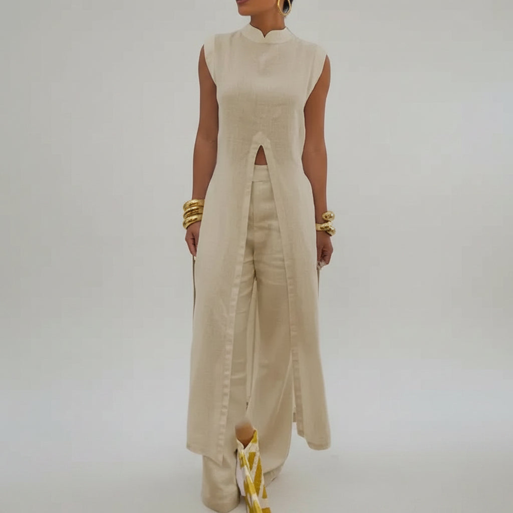 Conjunto Longo Pantalona Plissado Chic Vintage Lenogue