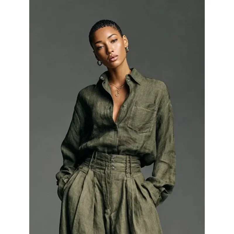 Conjunto Pantalona Camisa Manga Longa Verde Chic Lenogue