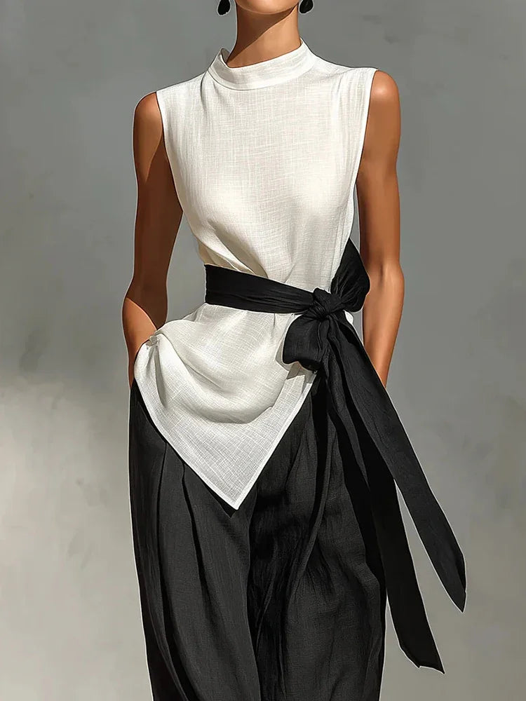 Conjunto Pantalona Regata Amarração Cintura Alta Chic Lenogue