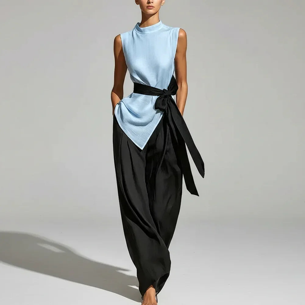 Conjunto Pantalona Regata Amarração Cintura Alta Chic Lenogue Azul / p