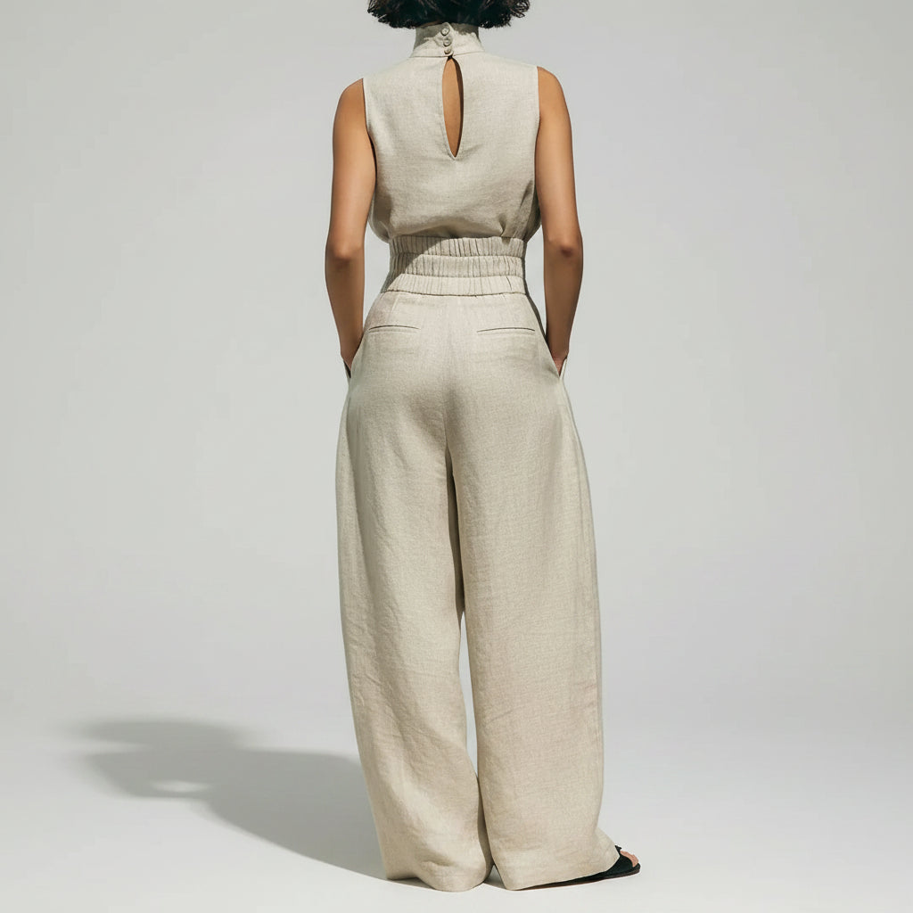 Conjunto Pantalona Wide Leg Regata Gola Alta Plissado Lenogue