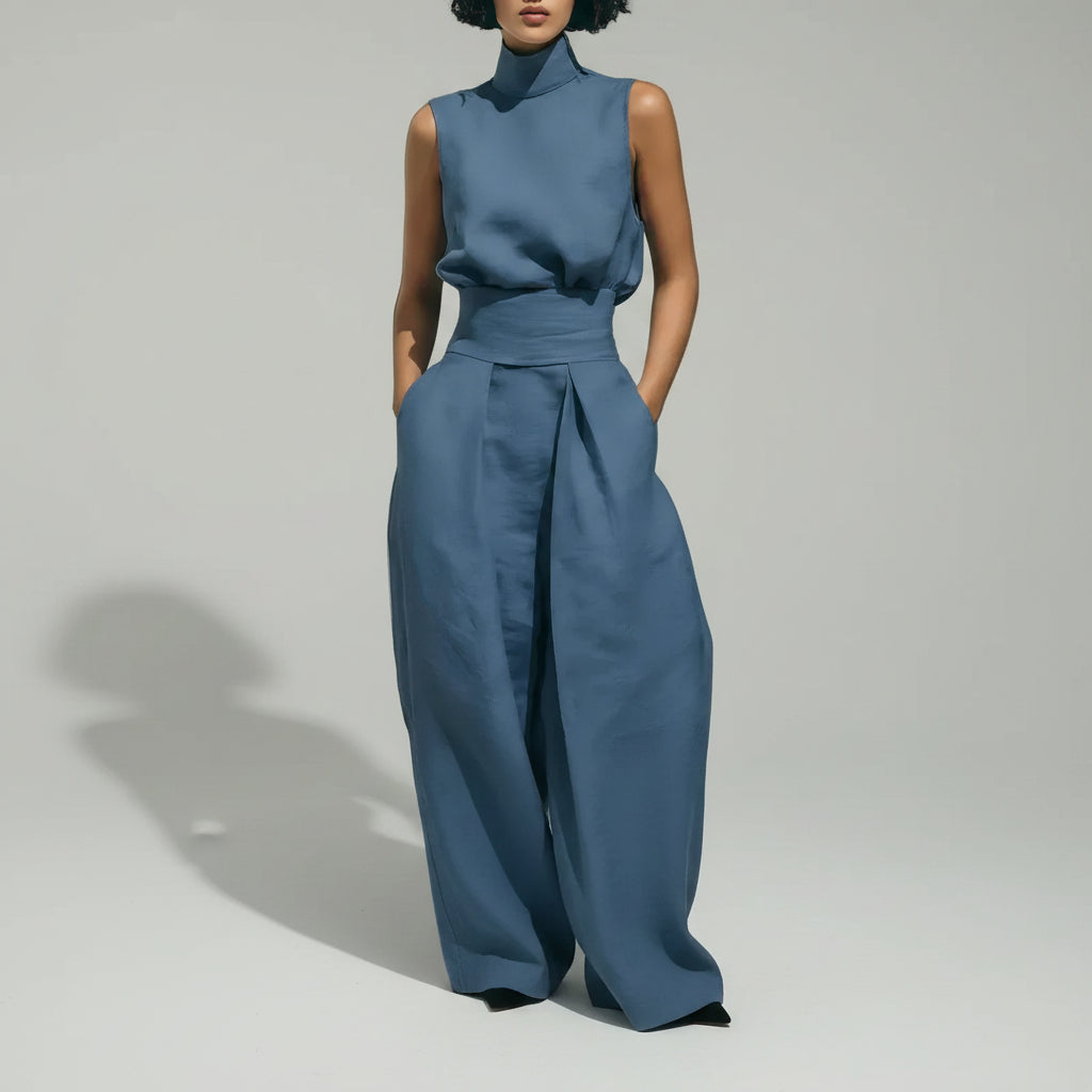 Conjunto Pantalona Wide Leg Regata Gola Alta Plissado Lenogue Azul / p