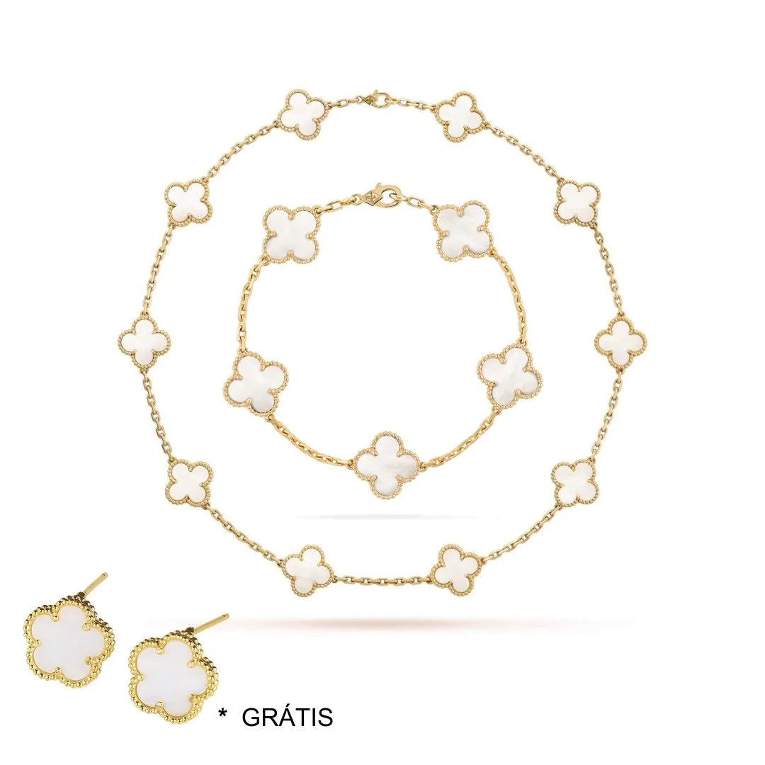 Conjunto Radiant Colar Pulseira e Brinco Alhambra Lenogue Madrepérola