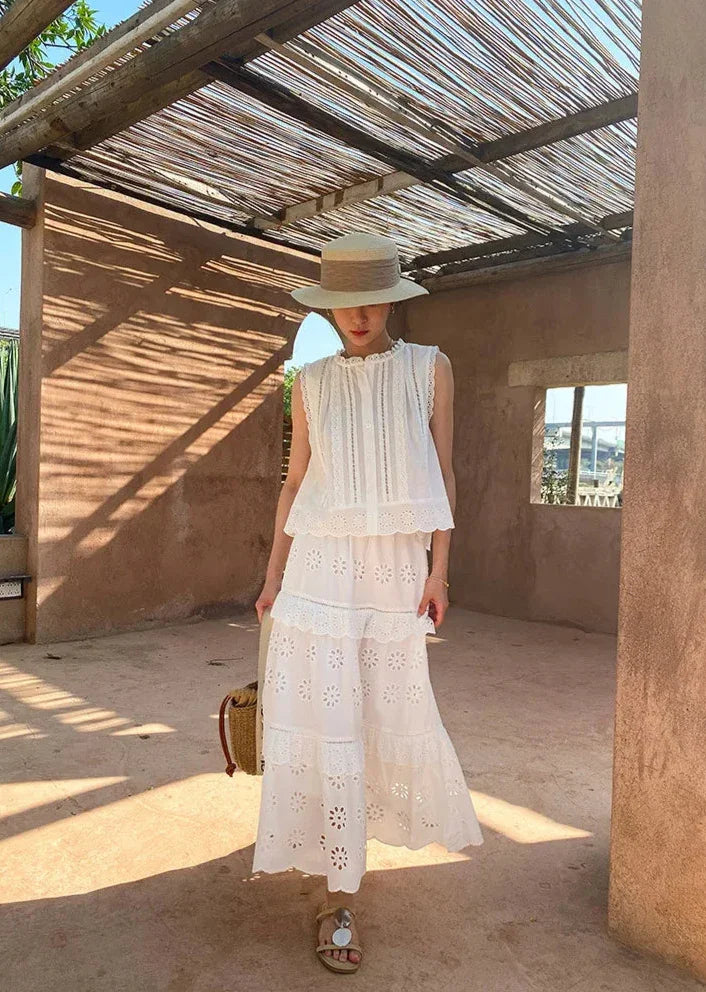 Conjunto Renda Bordada com Blusa e Saia Longa para Viagem Lenogue