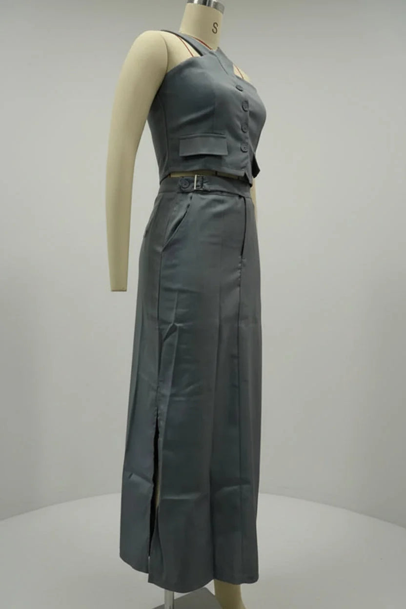 Conjunto Top Halter com Botões e Saia Longa Fenda Lenogue