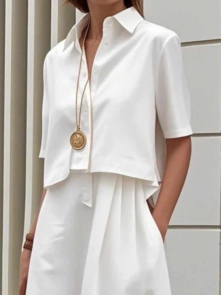 Conjunto Vestido Midi com Camisa de Algodão e Lapela Lenogue