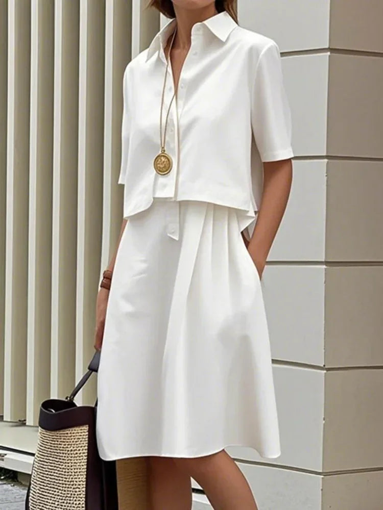 Conjunto Vestido Midi com Camisa de Algodão e Lapela Lenogue Branco / p
