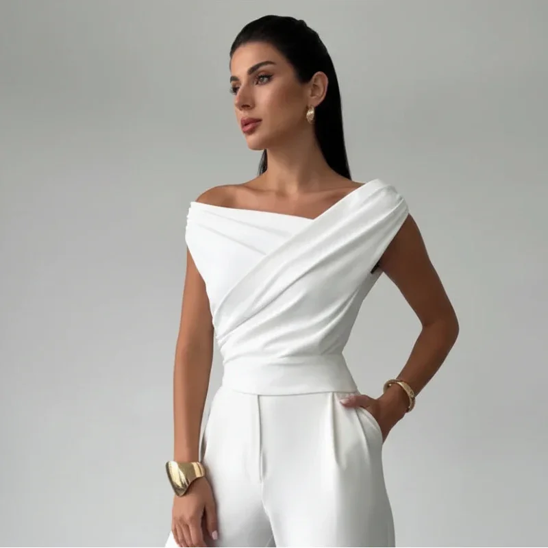 Cropped Assimétrico sem Mangas com Franzido Modelagem Slim Lenogue Branco / p