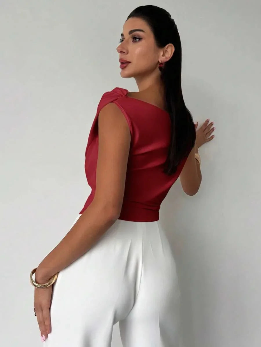 Cropped Assimétrico sem Mangas com Franzido Modelagem Slim Lenogue