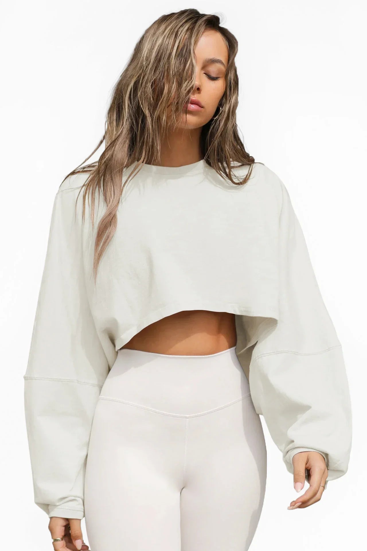 Cropped de Malha Jersey Gola Redonda Manga Longa Lenogue