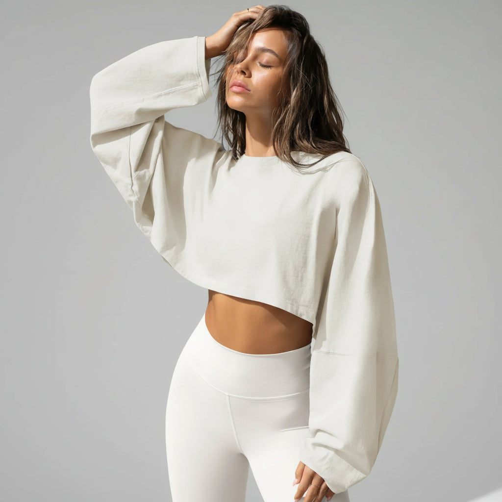 Cropped de Malha Jersey Gola Redonda Manga Longa Lenogue Bege / Pp