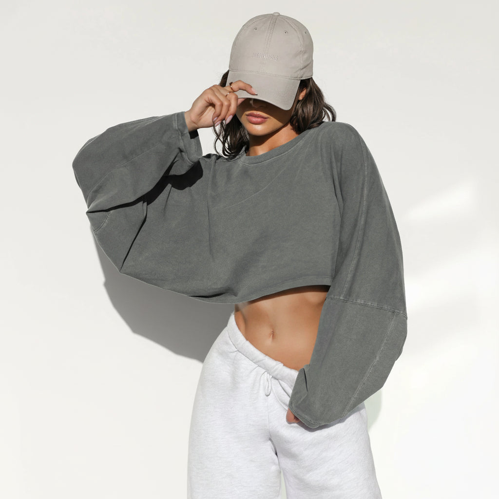 Cropped de Malha Jersey Gola Redonda Manga Longa Lenogue Cinza Claro / Pp