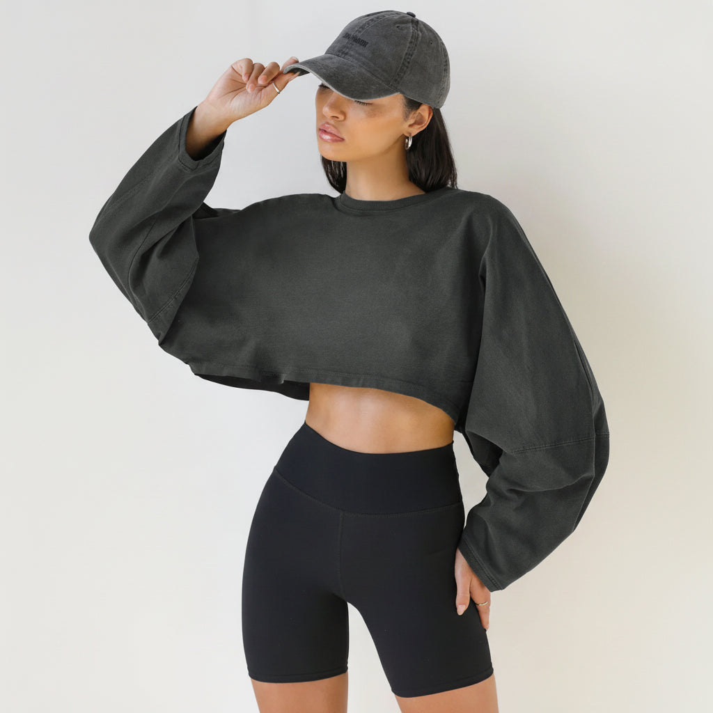 Cropped de Malha Jersey Gola Redonda Manga Longa Lenogue Cinza Escuro / Pp