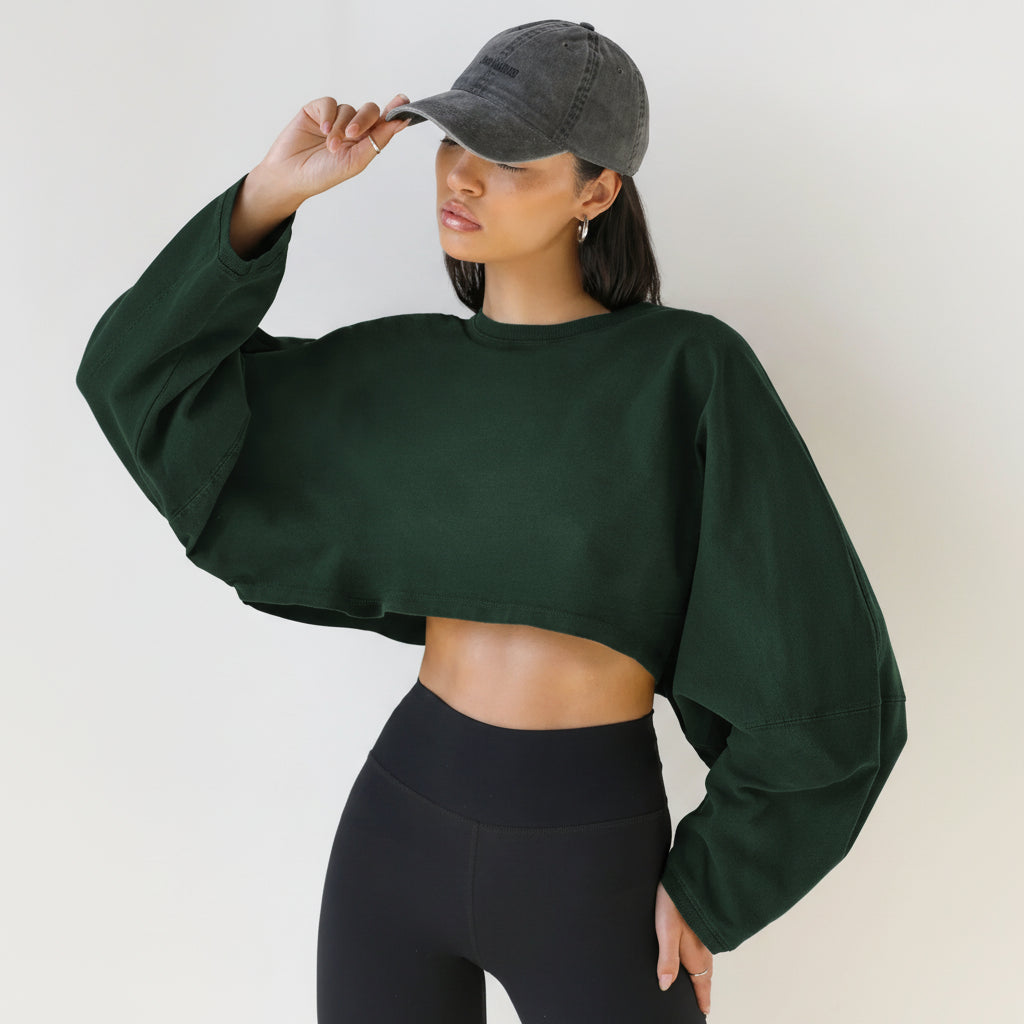 Cropped de Malha Jersey Gola Redonda Manga Longa Lenogue Verde / Pp