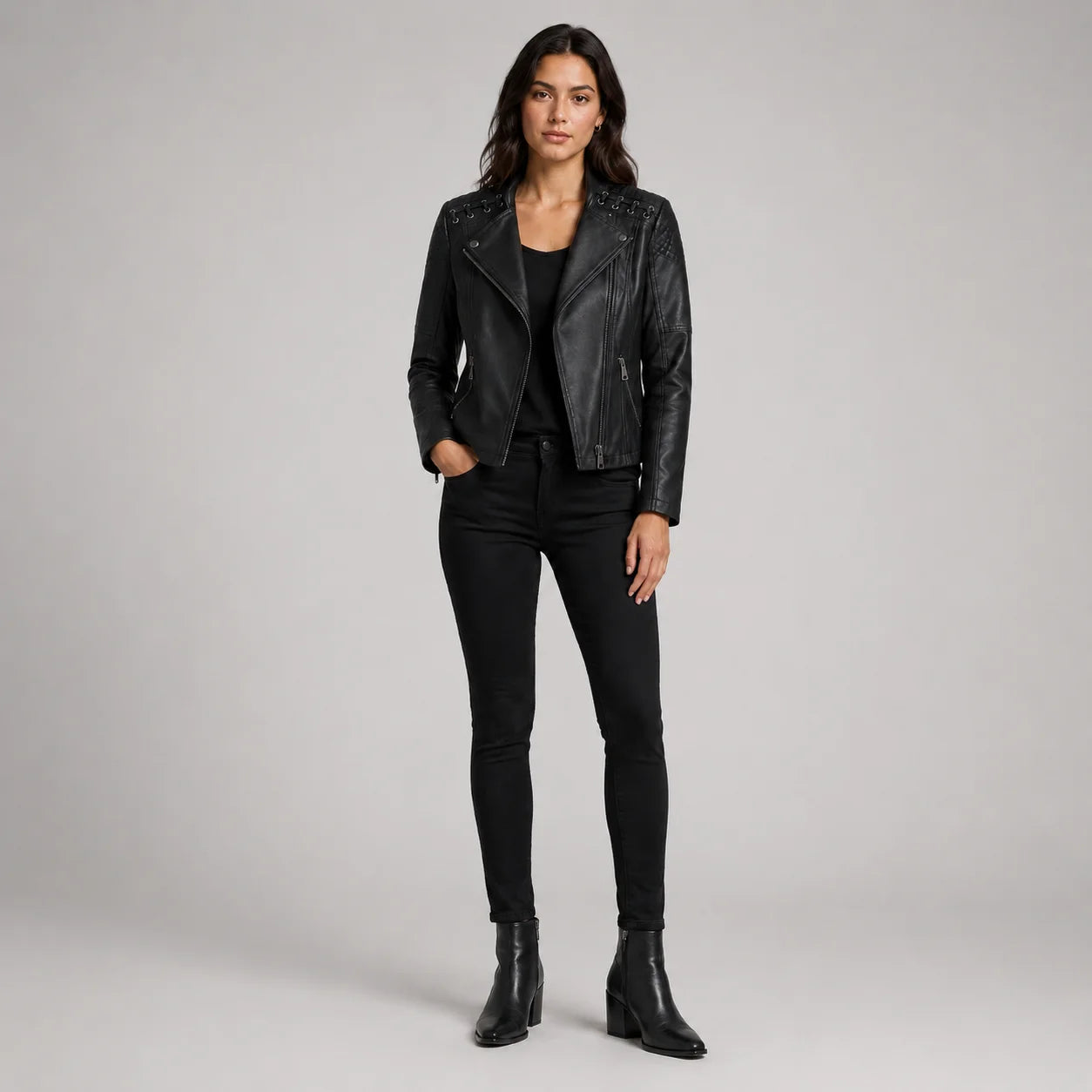 Jaqueta Couro Sintético Moto Biker Gola Alta Slim Chic Lenogue