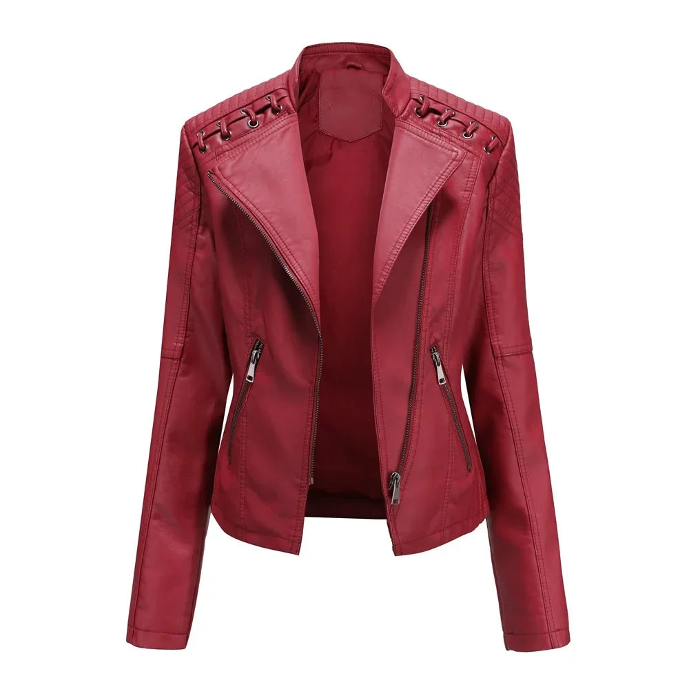 Jaqueta Couro Sintético Moto Biker Gola Alta Slim Chic Lenogue