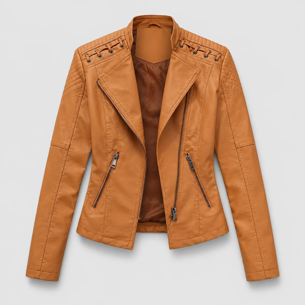 Jaqueta Couro Sintético Moto Biker Gola Alta Slim Chic Lenogue Caramelo / p