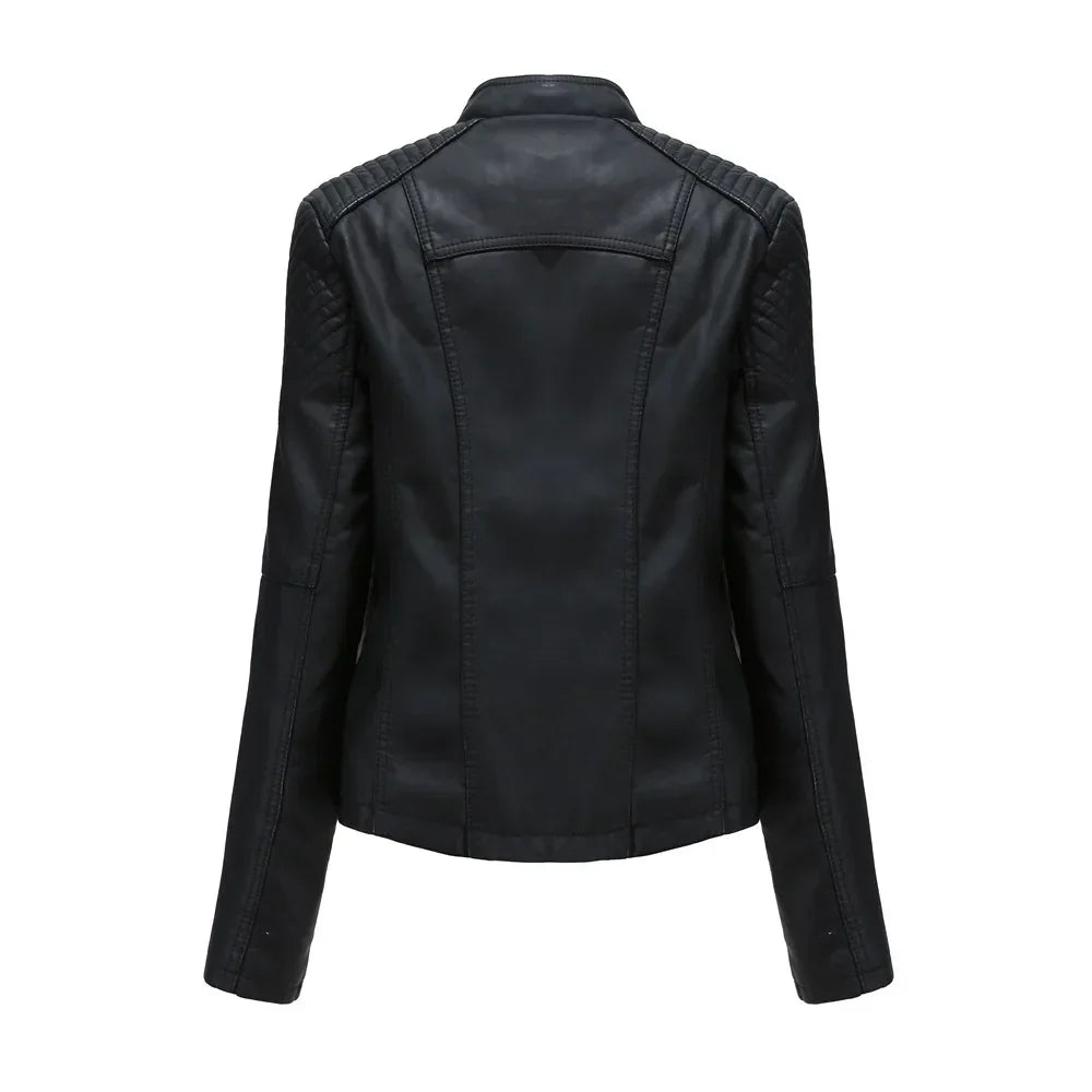 Jaqueta Couro Sintético Moto Biker Gola Alta Slim Chic Lenogue