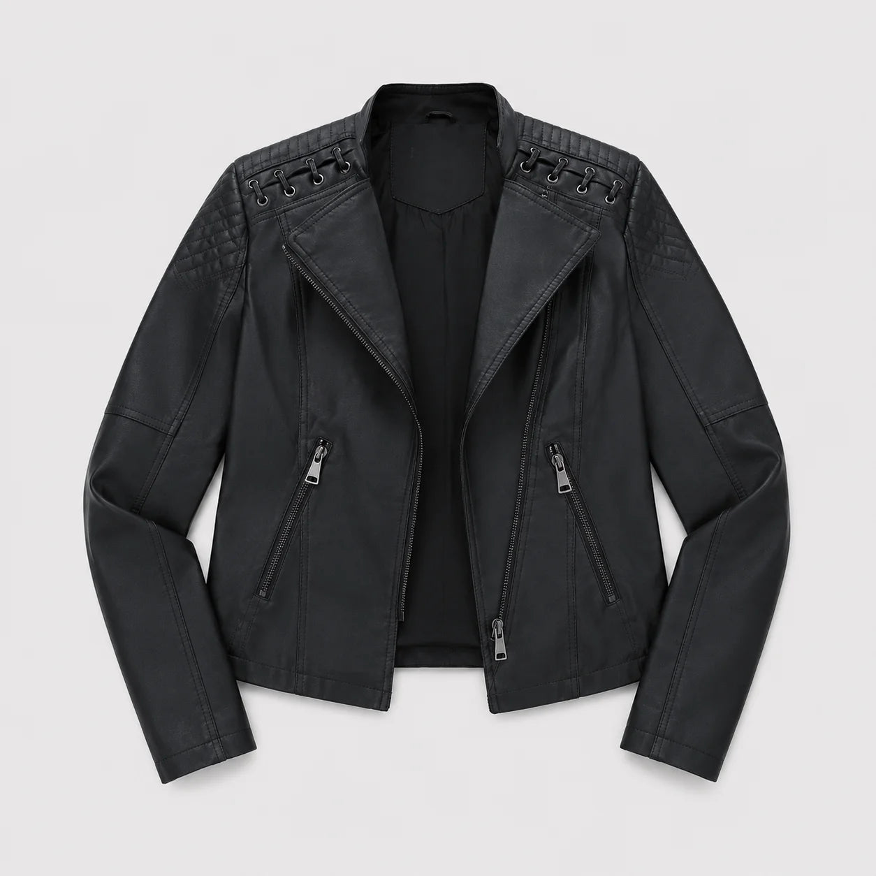 Jaqueta Couro Sintético Moto Biker Gola Alta Slim Chic Lenogue Preto / p