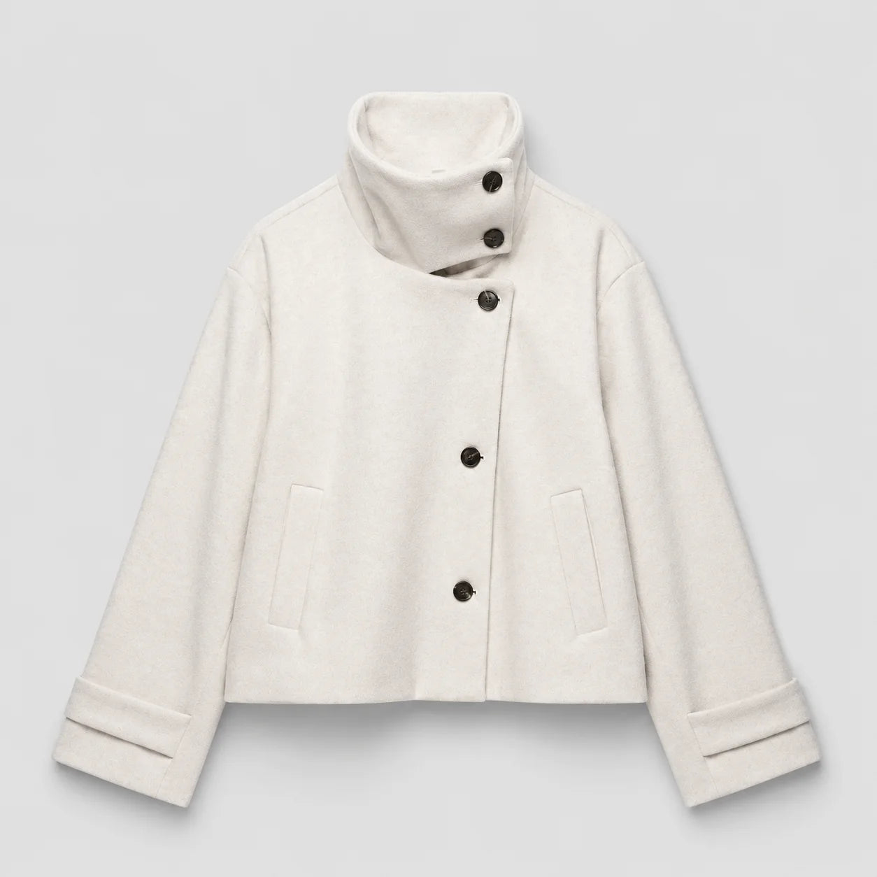 Jaqueta de Lã Gola Alta com Botões Manga Longa Chic Lenogue Off-white / p