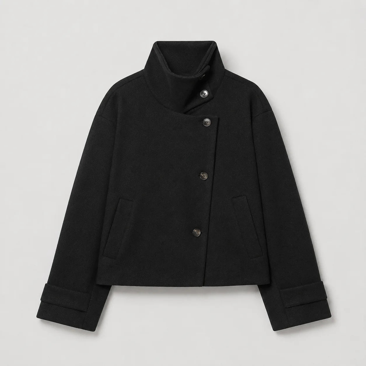 Jaqueta de Lã Gola Alta com Botões Manga Longa Chic Lenogue Preto / p