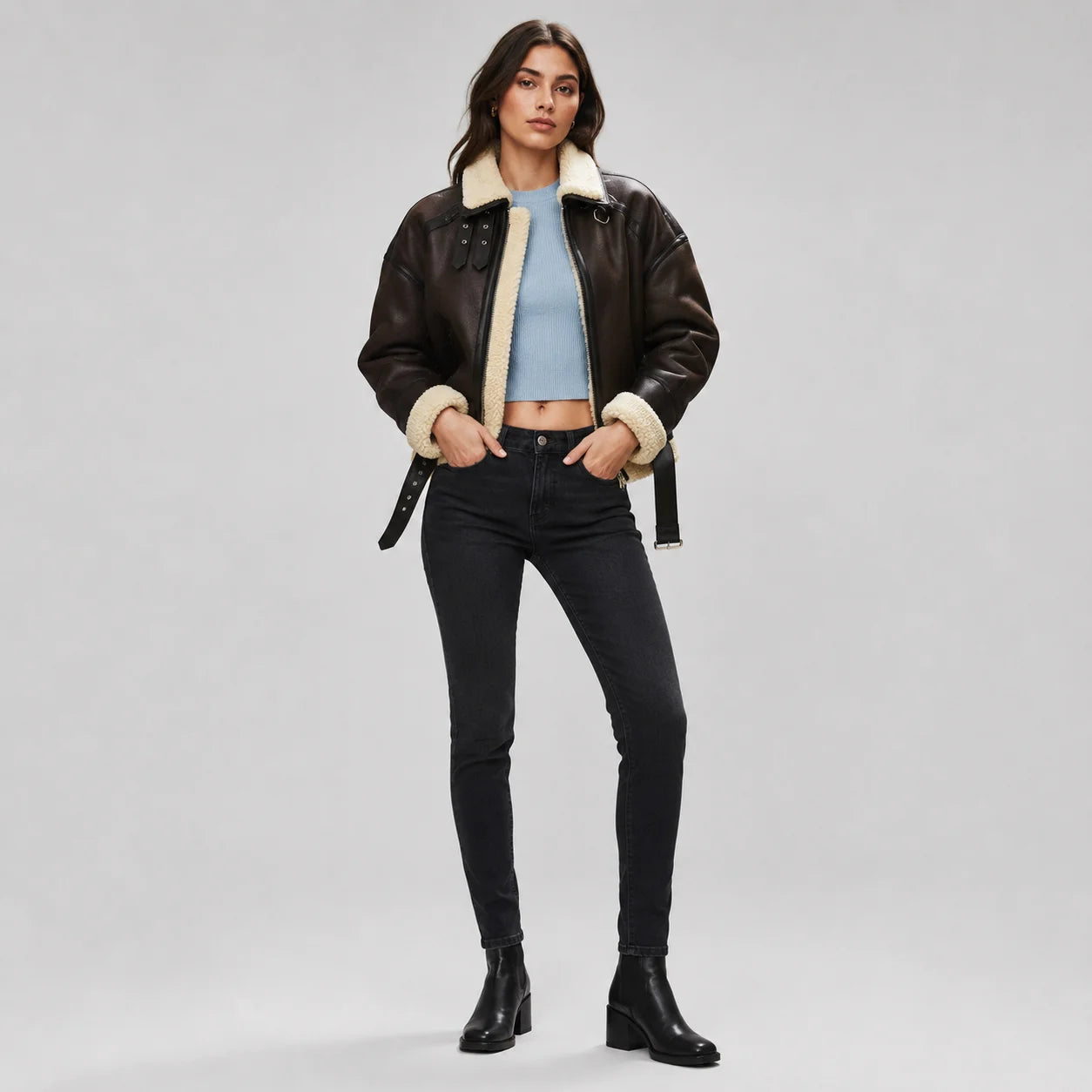 Jaqueta Pelúcia Faux Fur Zipper Ombro Caído Vintage Chic Lenogue