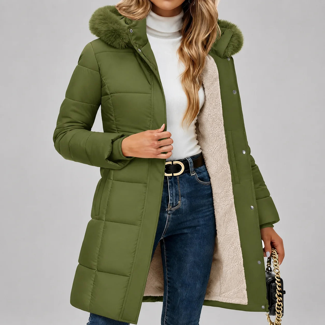 Jaqueta Puffer Longa com Capuz Removível e Sherpa Chic Lenogue Verde / p