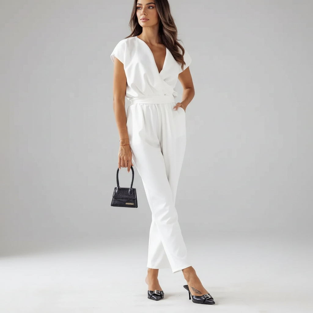 Macacão de Alfaiataria Manga Curta Casual para Eventos Lenogue Branco / p