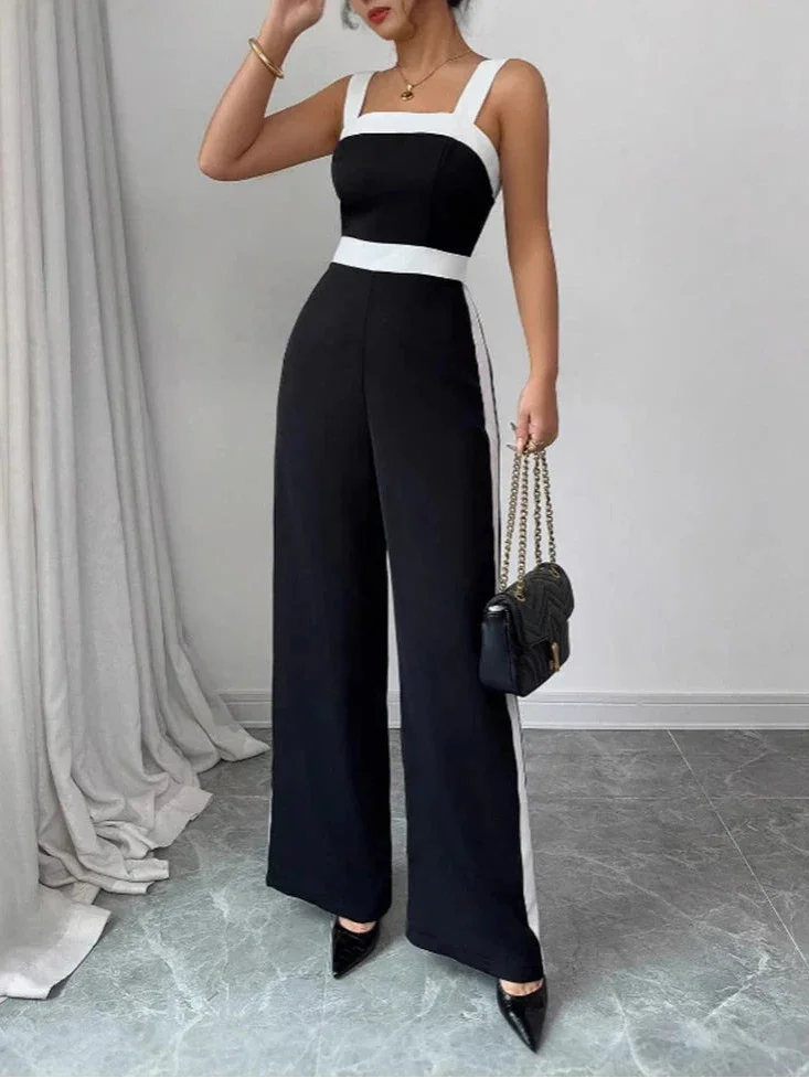 Macacão Decote Quadrado Vivo Contrastante Preto e Branco Lenogue